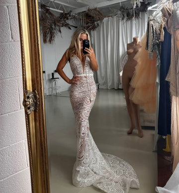 Beautiful model wearing Mia Bridal Gown HIRE, by Amy Taylor Collection. Contact us today to order your perfect outfit. 1